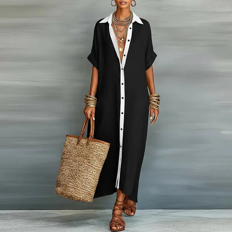 Women's Button Down Maxi Shirt Dress with Collar
