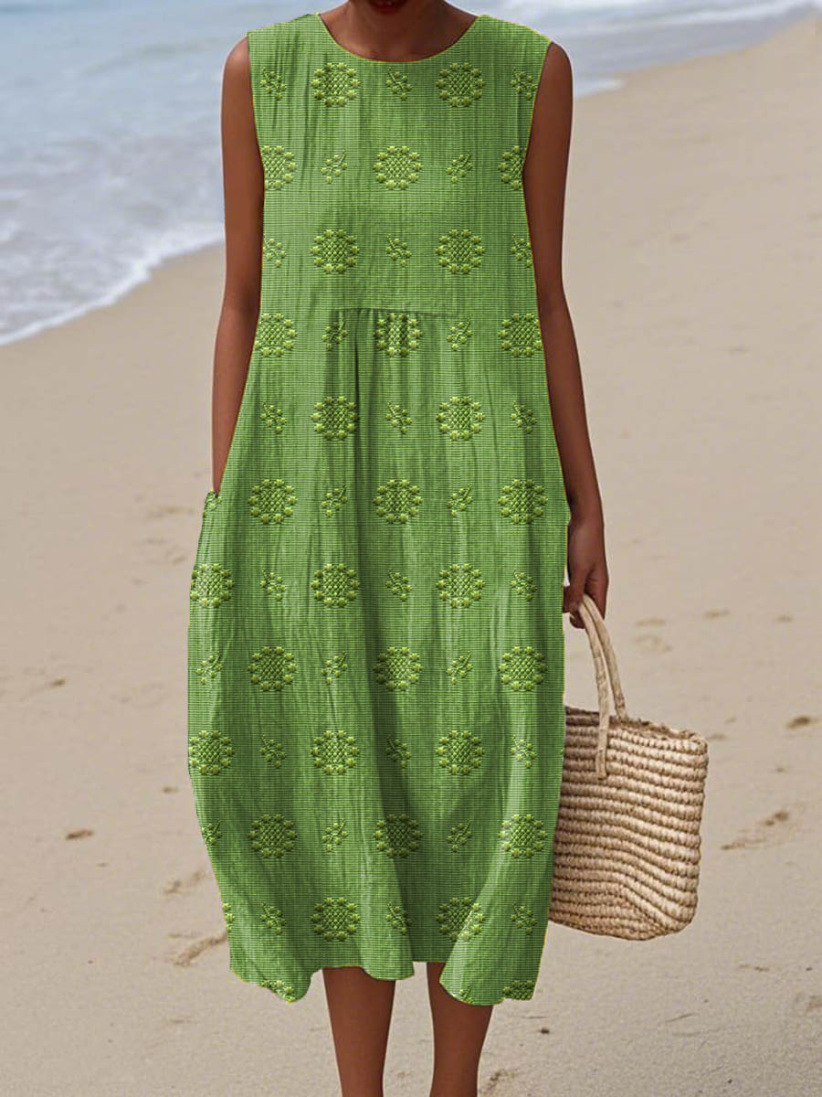 Women's Sleeveless Midi Dress with Printed Pattern