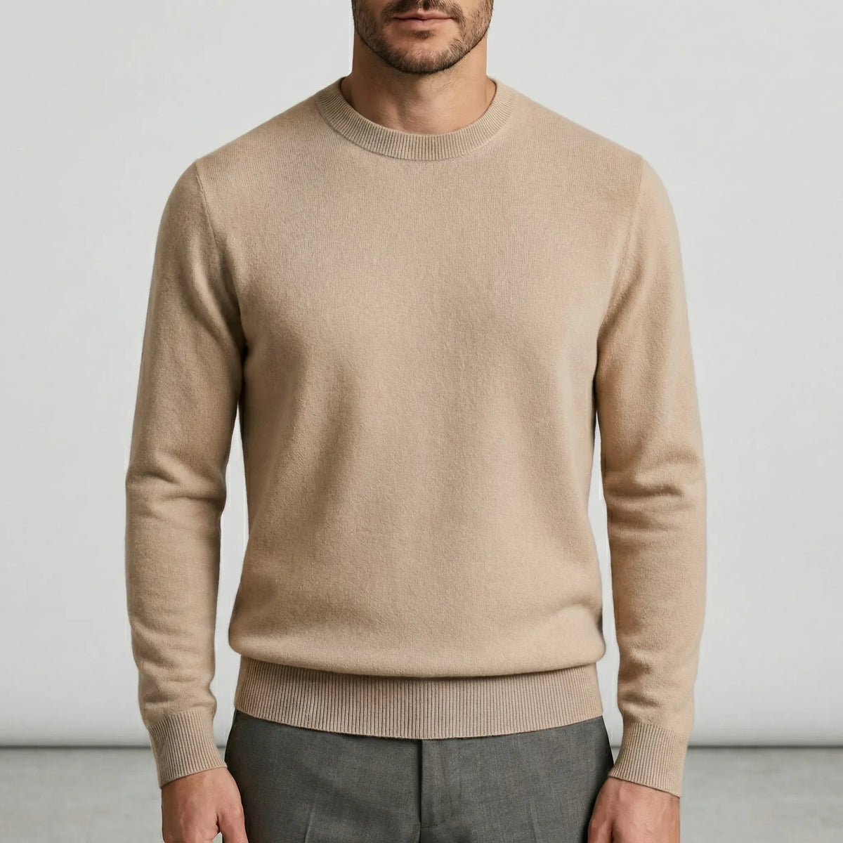 Fall sweater — Beige lightweight cashmere crewneck front view, ideal — 10 — view 10