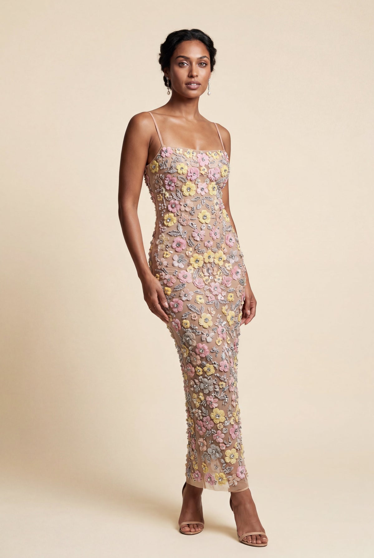 Floral Pastel Floral 3d Embroidered Fitted Maxi Dress - Photo 1