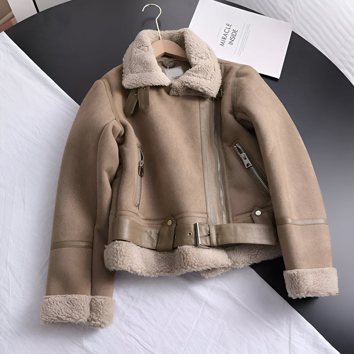 Women's Oversized Biker Jacket Faux Fur Lined Faux Leather