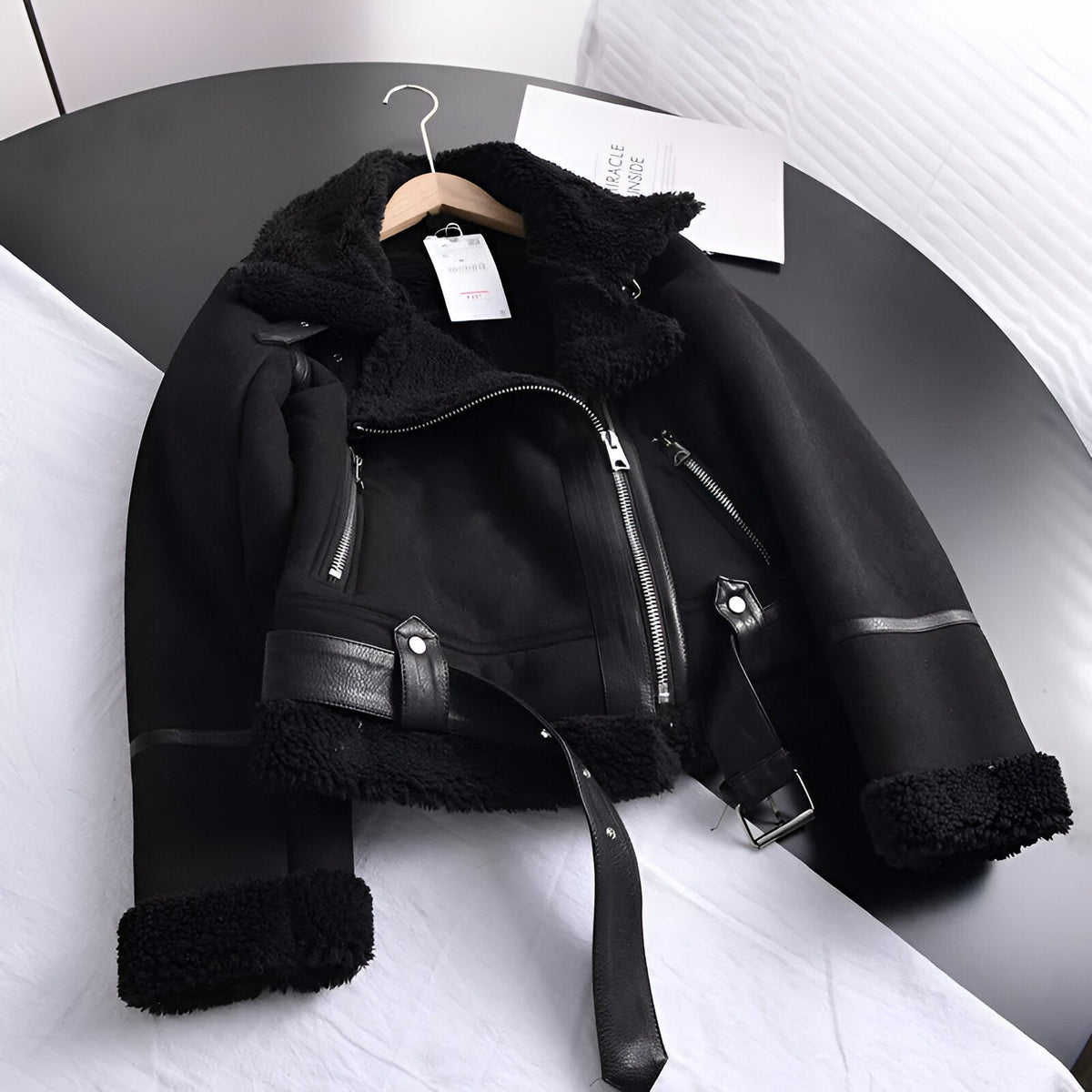 Women's Oversized Biker Jacket Faux Fur Lined Faux Leather