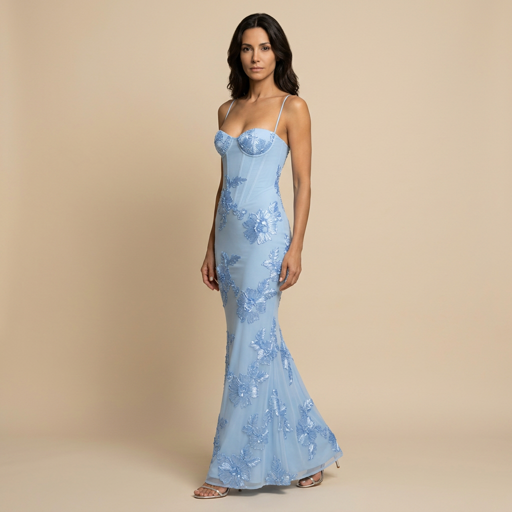 Women's Mermaid Maxi Dress with 3D Floral Appliqués on Tulle