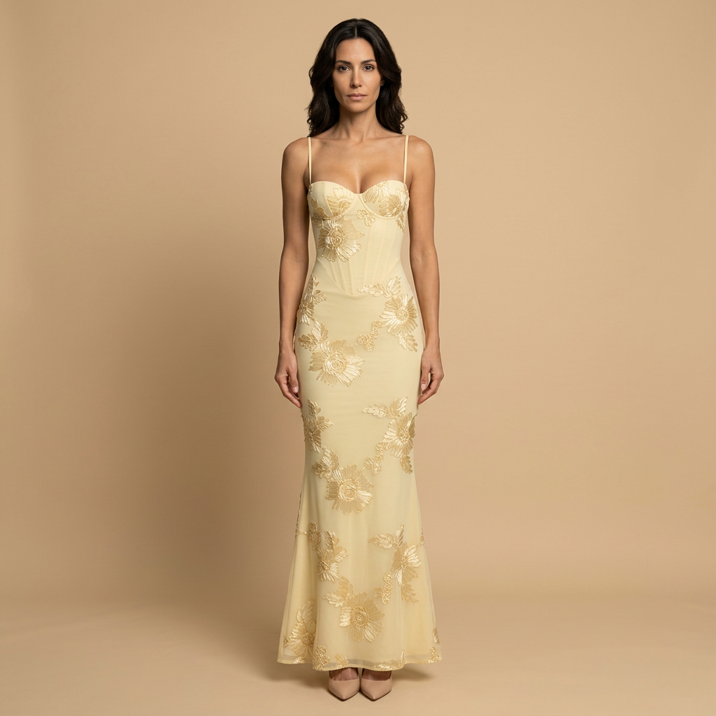 Women's Mermaid Maxi Dress with 3D Floral Appliqués on Tulle