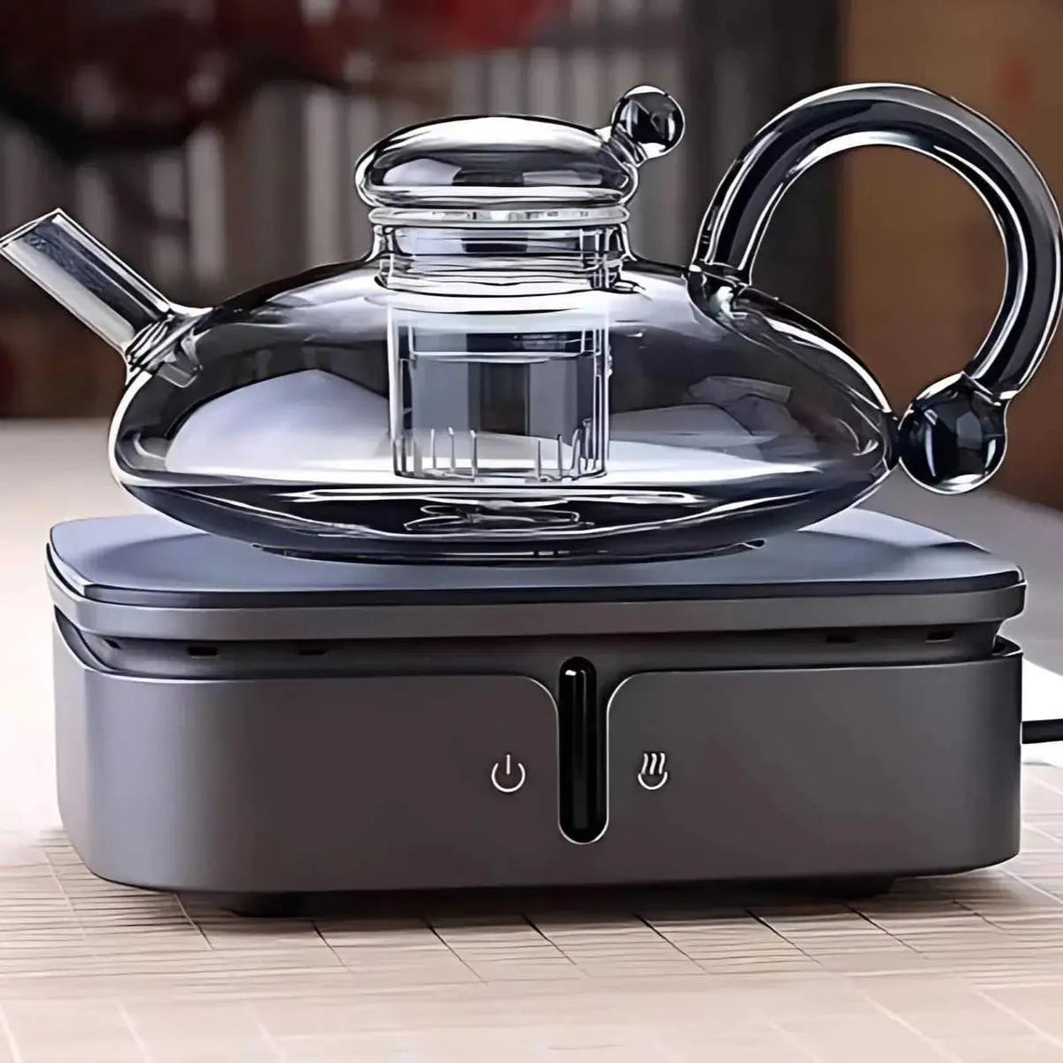glass teapot set with cups in gray