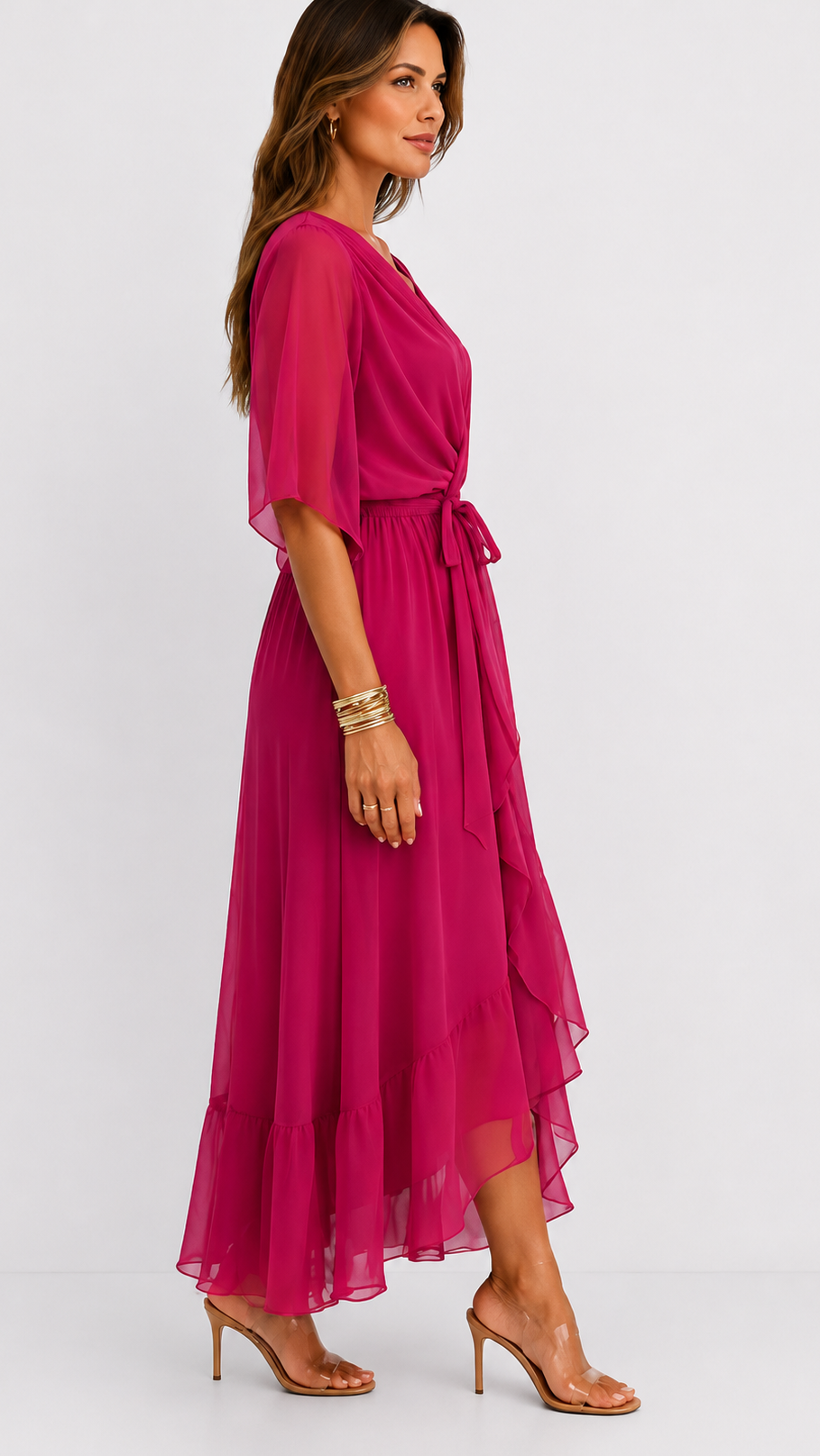 Women's Chiffon Wrap Dress with Flowing Sleeves