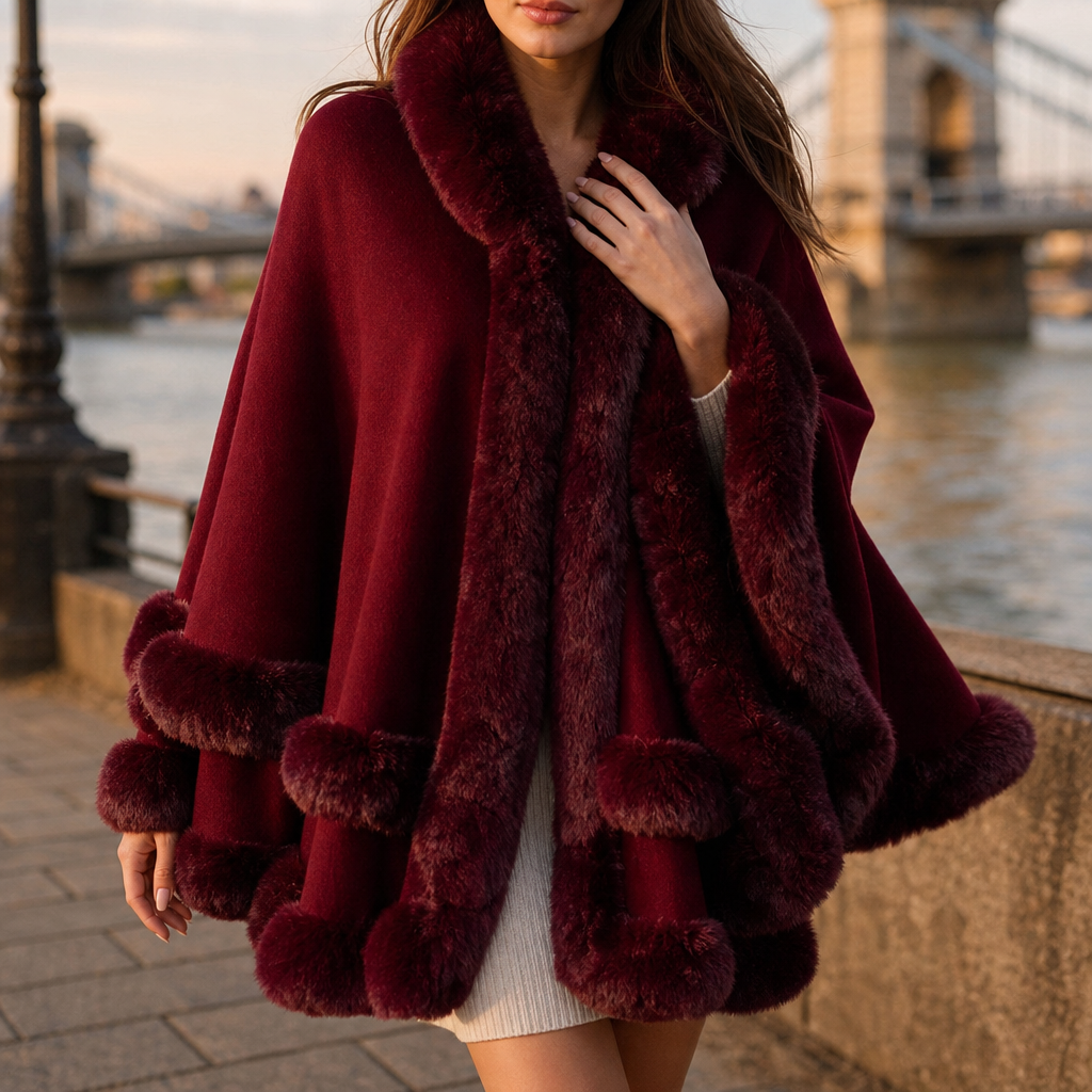 Women's Hooded Cape Coat with Faux-Fur Trim, Knit