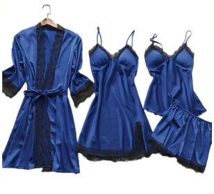 Women's Long-Sleeve Satin Pajama Set with Lace Trim