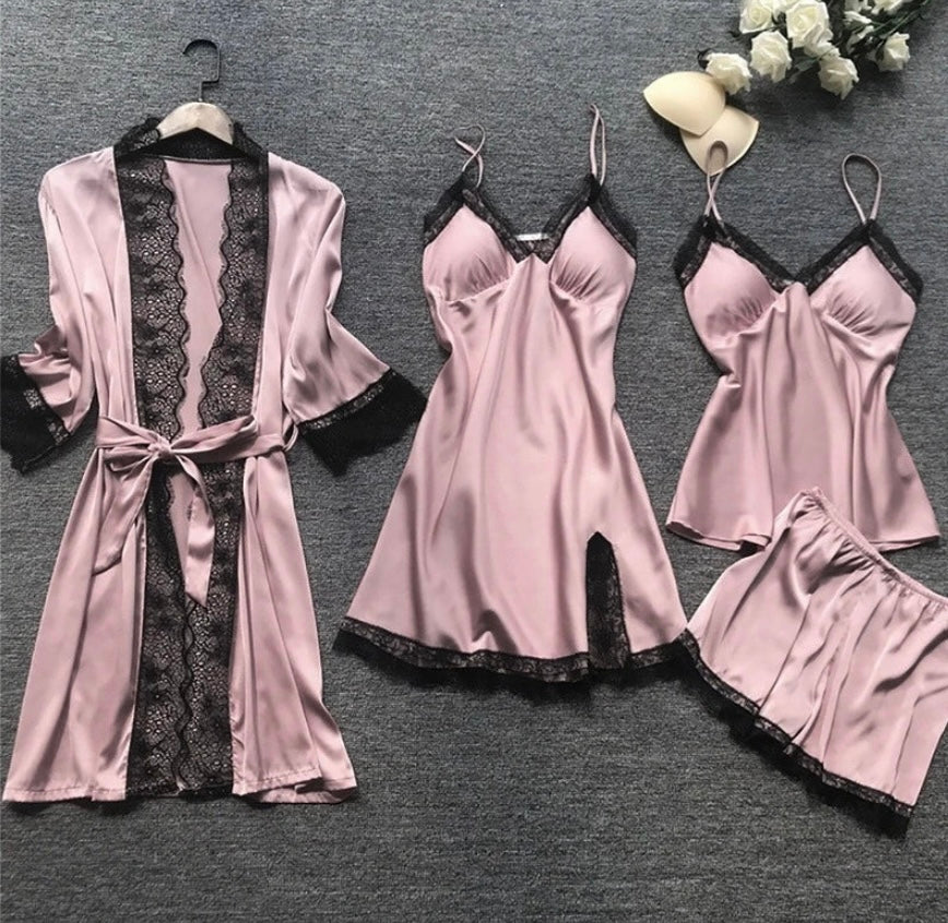 Women's Long-Sleeve Satin Pajama Set with Lace Trim