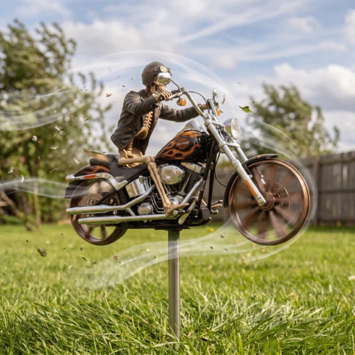 Motorrad-Windrad mit Skelett-Fahrer für Garten - Zorenza
