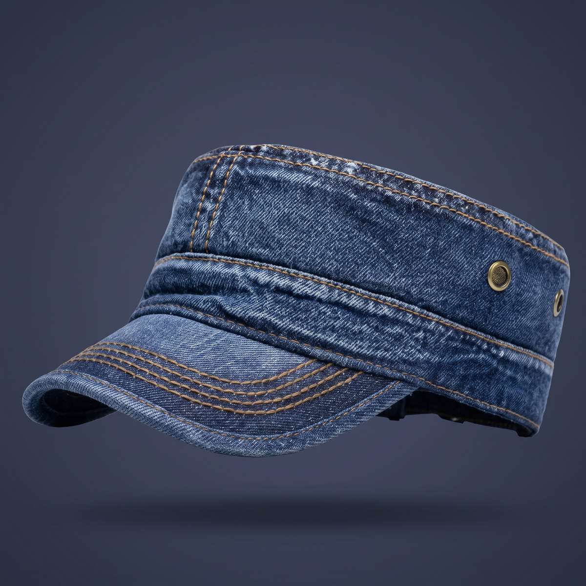 Unisex Denim Cadet Cap – Flat-Top Military Style Hat