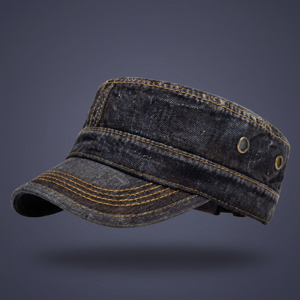 Unisex Denim Cadet Cap – Flat-Top Military Style Hat