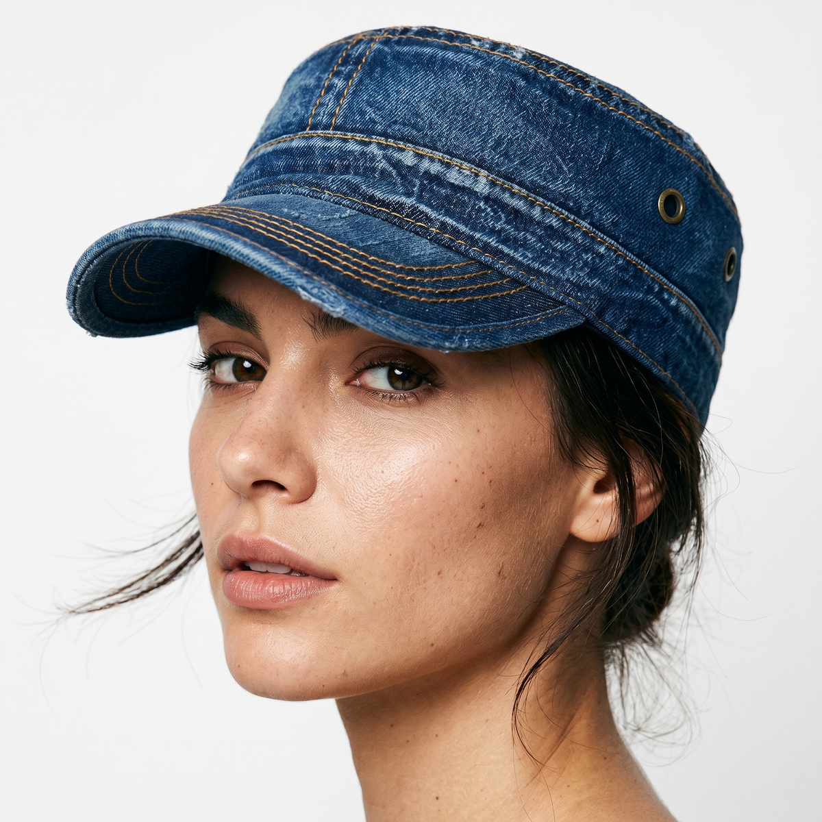 Unisex Denim Cadet Cap – Flat-Top Military Style Hat
