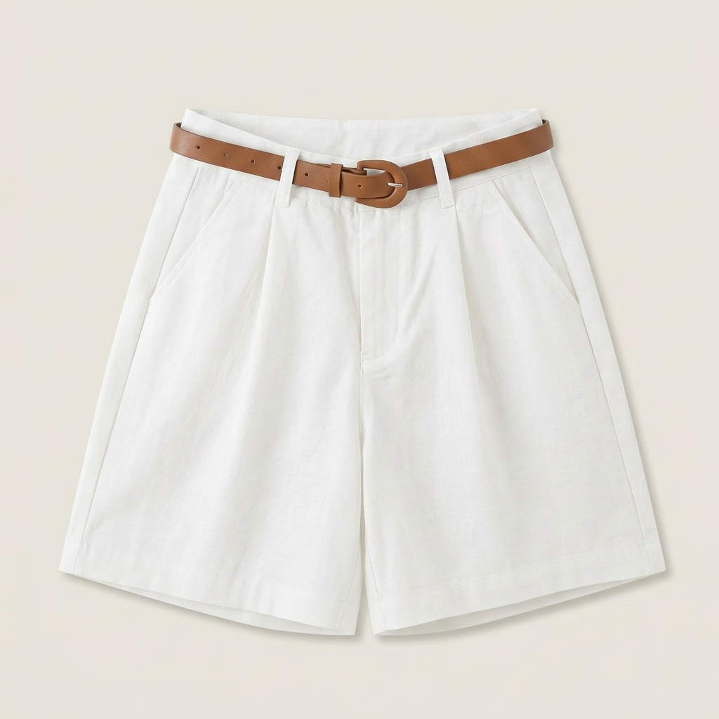 Women's Linen Shorts High-Waist Pleated with Belt
