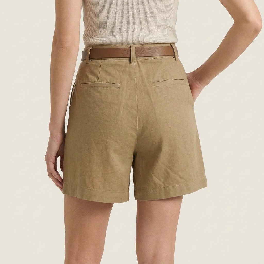 Women's Linen Shorts High-Waist Pleated with Belt