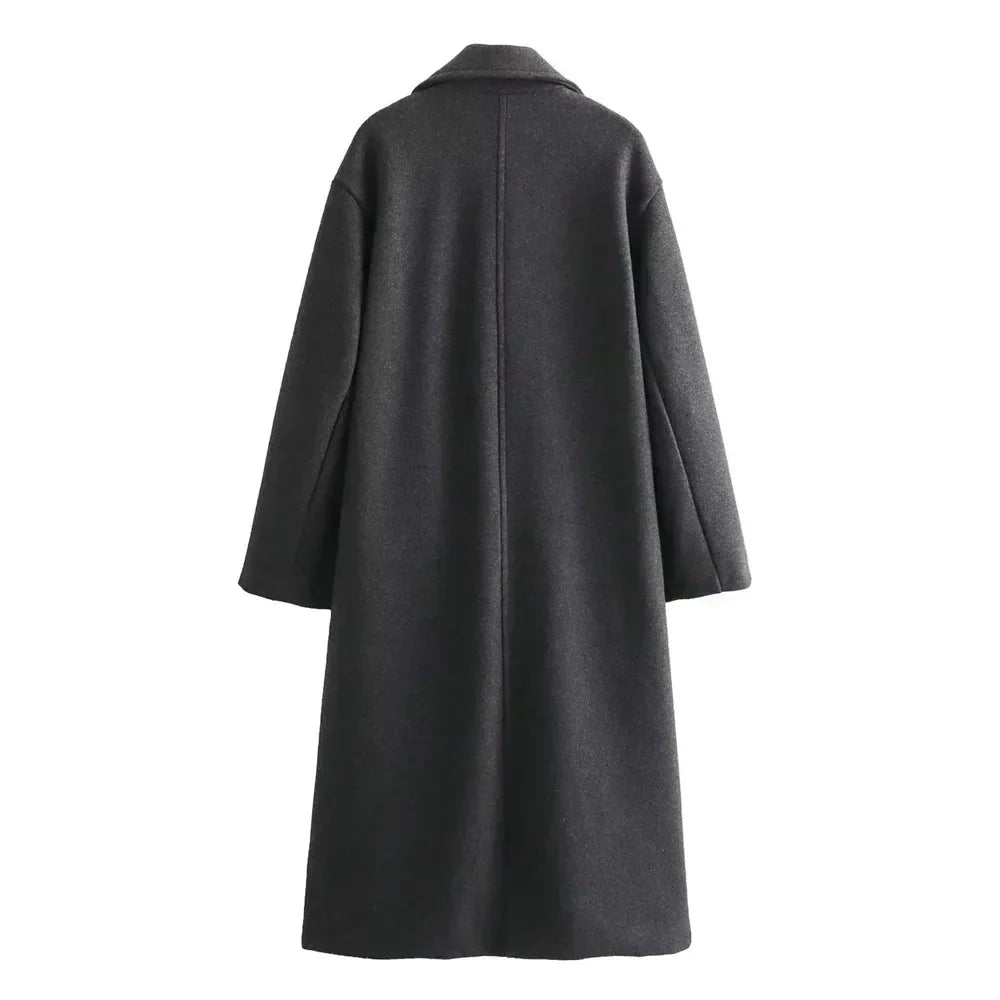 Women's Long Double-Breasted Coat with Wide Notch Lapel