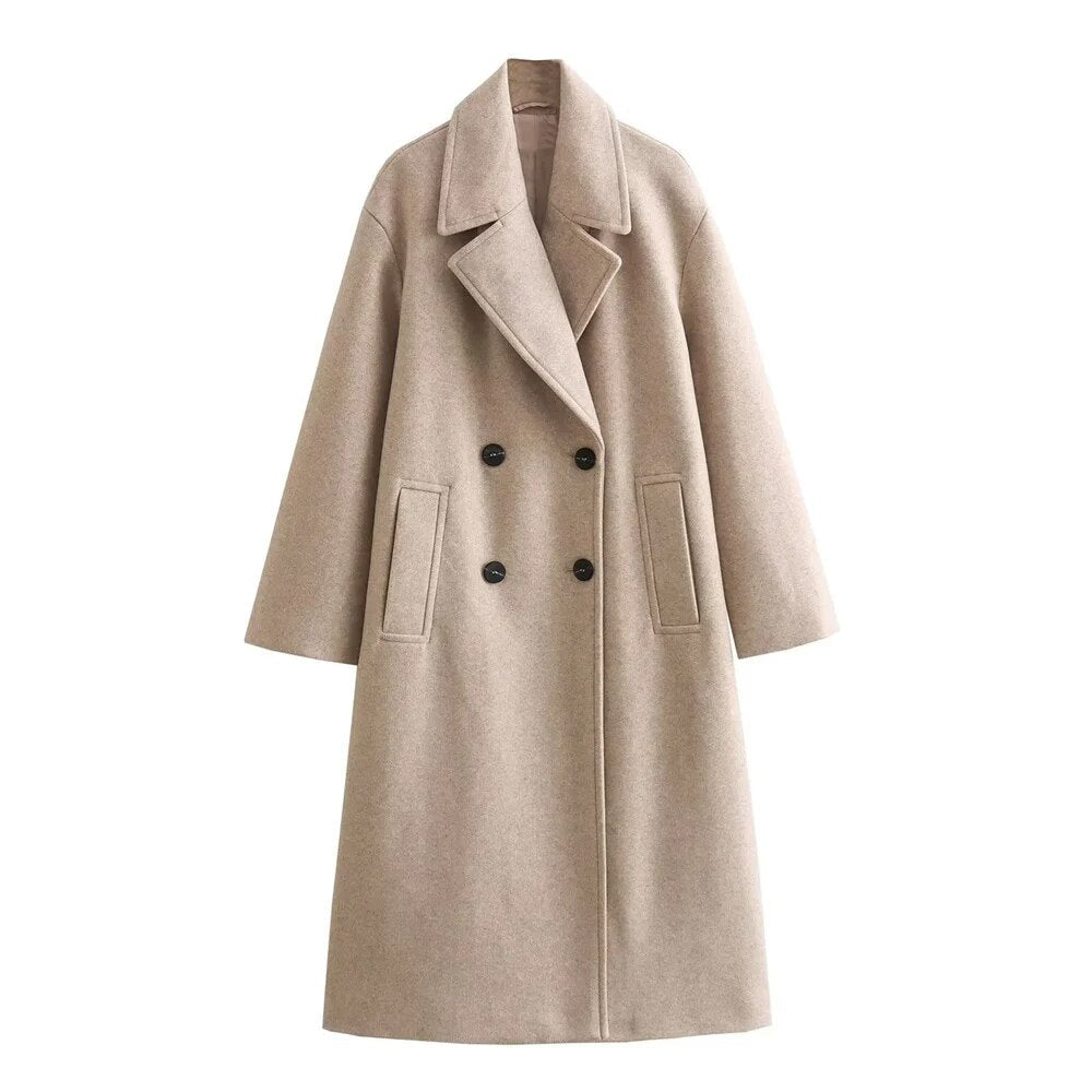 Women's Long Double-Breasted Coat with Wide Notch Lapel