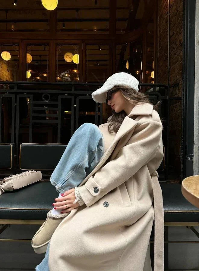 Women's Long Double-Breasted Coat with Wide Notch Lapel