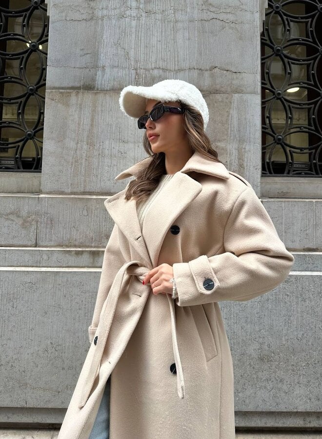 Women's Long Double-Breasted Coat with Wide Notch Lapel