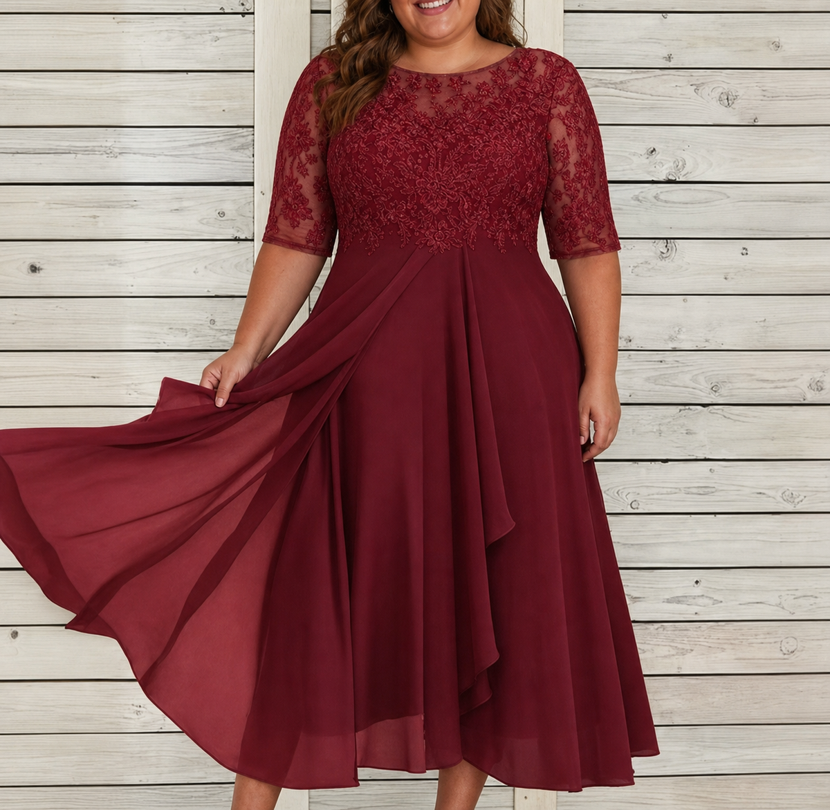 Women's Lace Cocktail Dress with Layered Chiffon Skirt