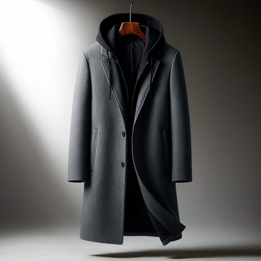 Men's Winter Coat with Hood - Wool Blend Full-Zip Overcoat