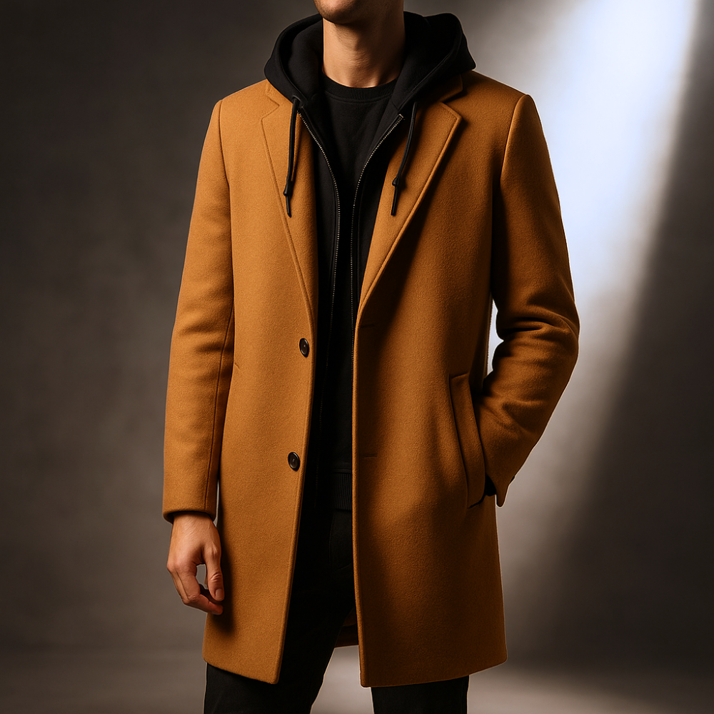 Men's Winter Coat with Hood - Wool Blend Full-Zip Overcoat