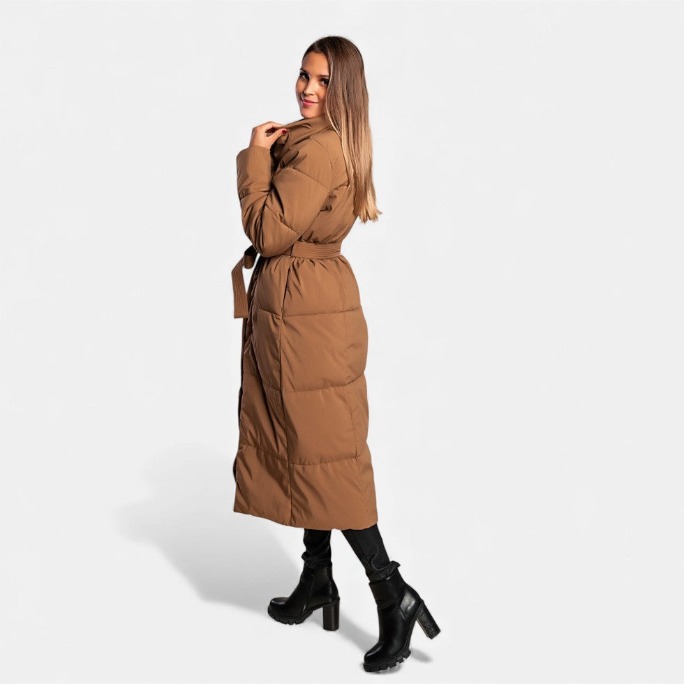 Women's Long Quilted Coat with Belt - Winter Jacket