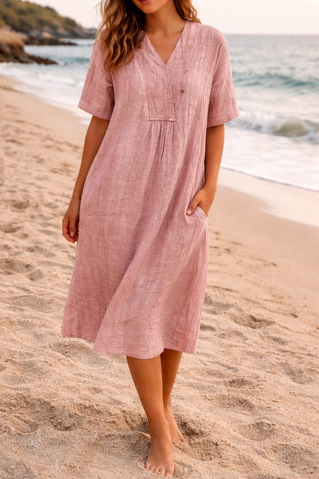 Aurore Linen V-Neck Midi Dress_2