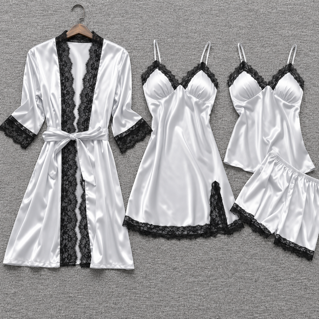 Women's Long-Sleeve Satin Pajama Set with Lace Trim