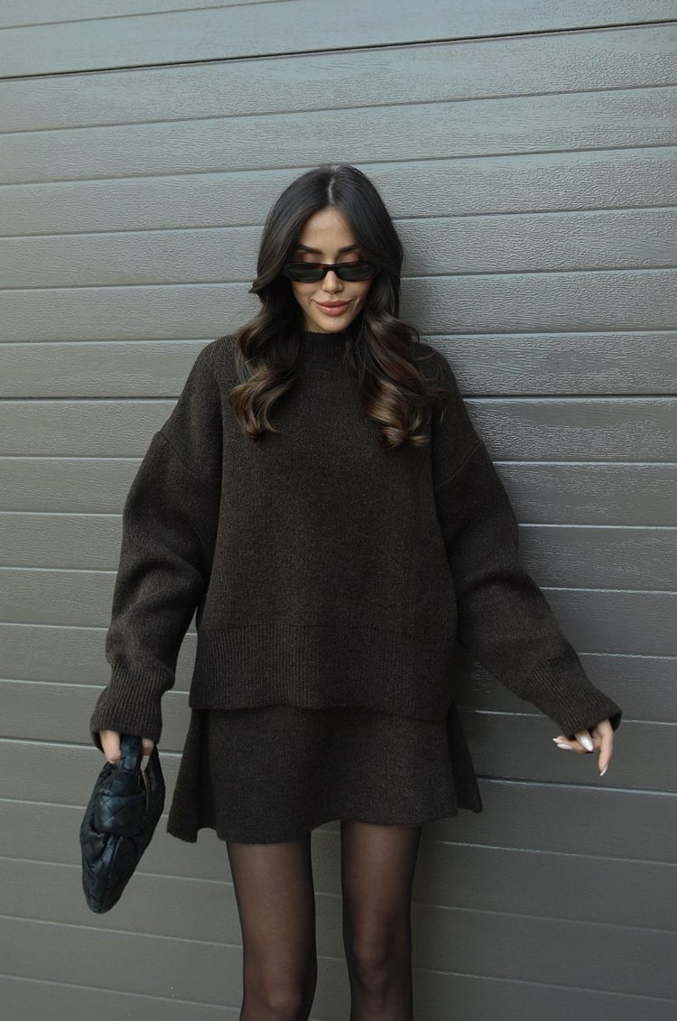Women's Knit Sweater and Skirt Set - Oversized Top with Fitted Skirt