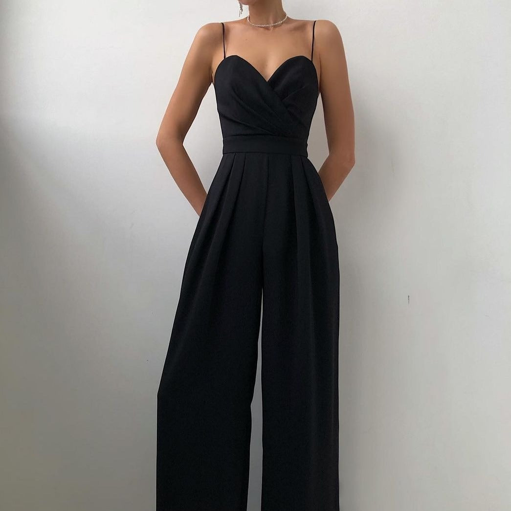 Women's Wide Leg Jumpsuit with Thin Straps and Wrap Neckline