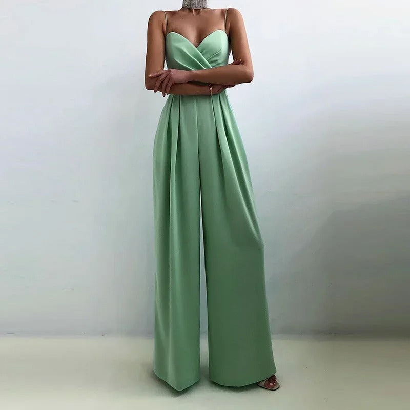 Women's Wide Leg Jumpsuit with Thin Straps and Wrap Neckline