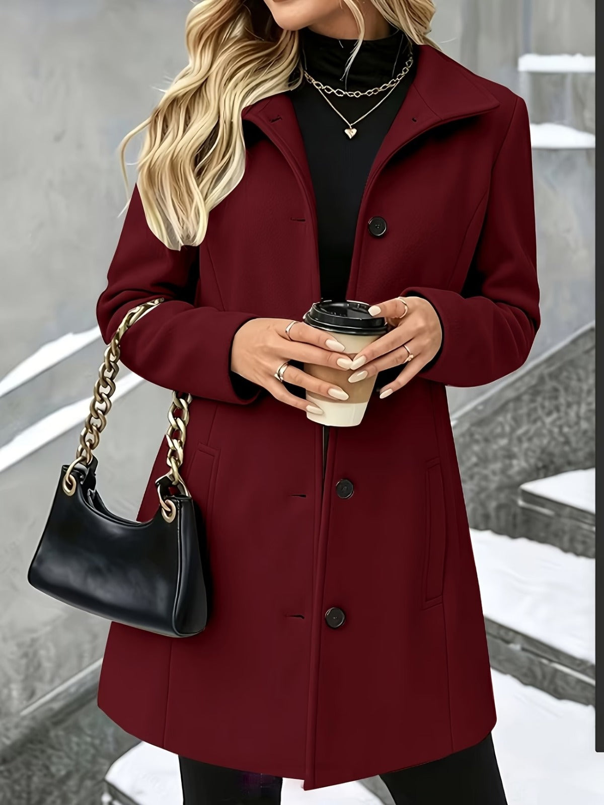 Women's Winter Coats with Lapel Collar, Long Button-Front Coat