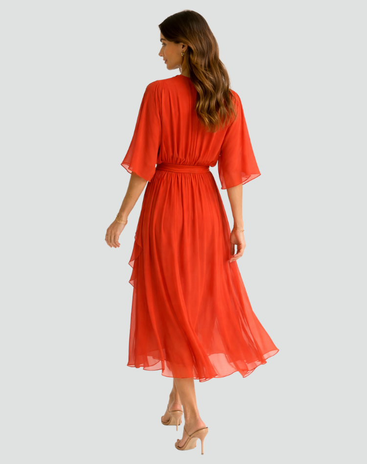 Women's Wrap Midi Dress with Ruffle Skirt and Kimono Sleeves