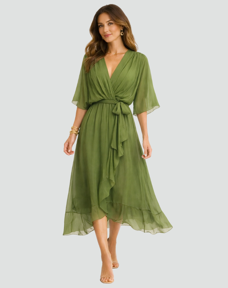 Women's Wrap Midi Dress with Ruffle Skirt and Kimono Sleeves
