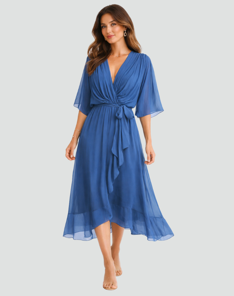 Women's Wrap Midi Dress with Ruffle Skirt and Kimono Sleeves