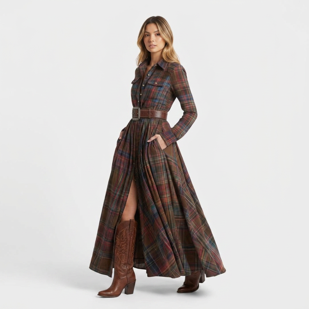 Women's Checked Shirt Dress - Long Sleeve Autumn Dress