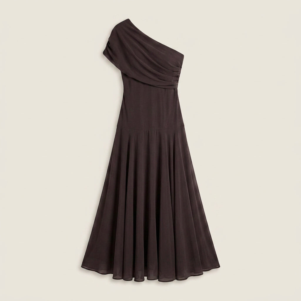 Women's One-Shoulder Midi Dress – Draped Chiffon-Effect Gown
