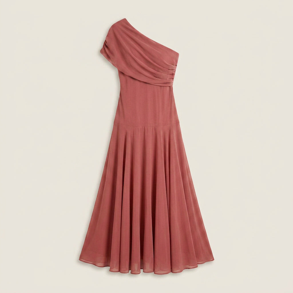 Women's One-Shoulder Midi Dress – Draped Chiffon-Effect Gown