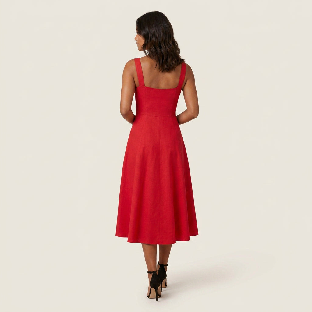 Women's Midi Dress Square Neck Flared Skirt