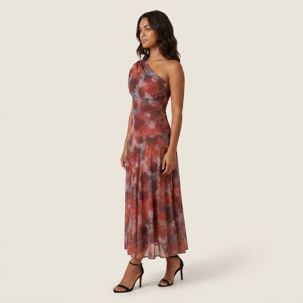 Women's One-Shoulder Midi Dress – Draped Chiffon-Effect Gown
