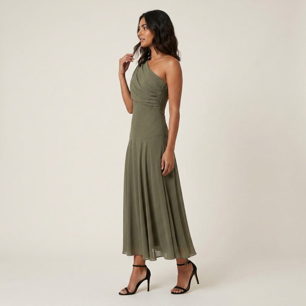 Women's One-Shoulder Midi Dress – Draped Chiffon-Effect Gown