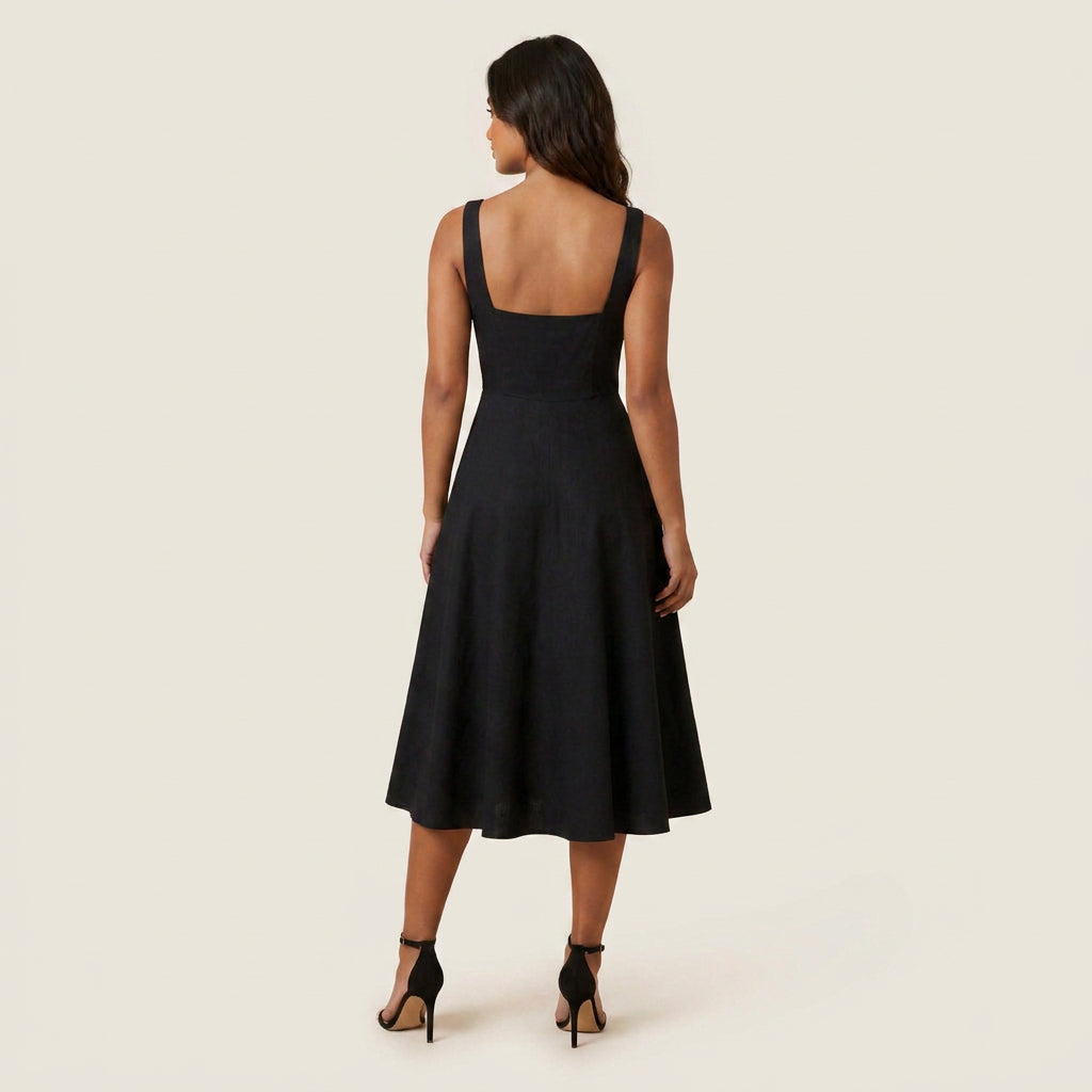 Women's Midi Dress Square Neck Flared Skirt