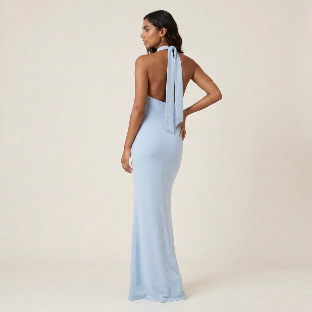 Women's Long Halter Dress with V-Neckline and Open Back