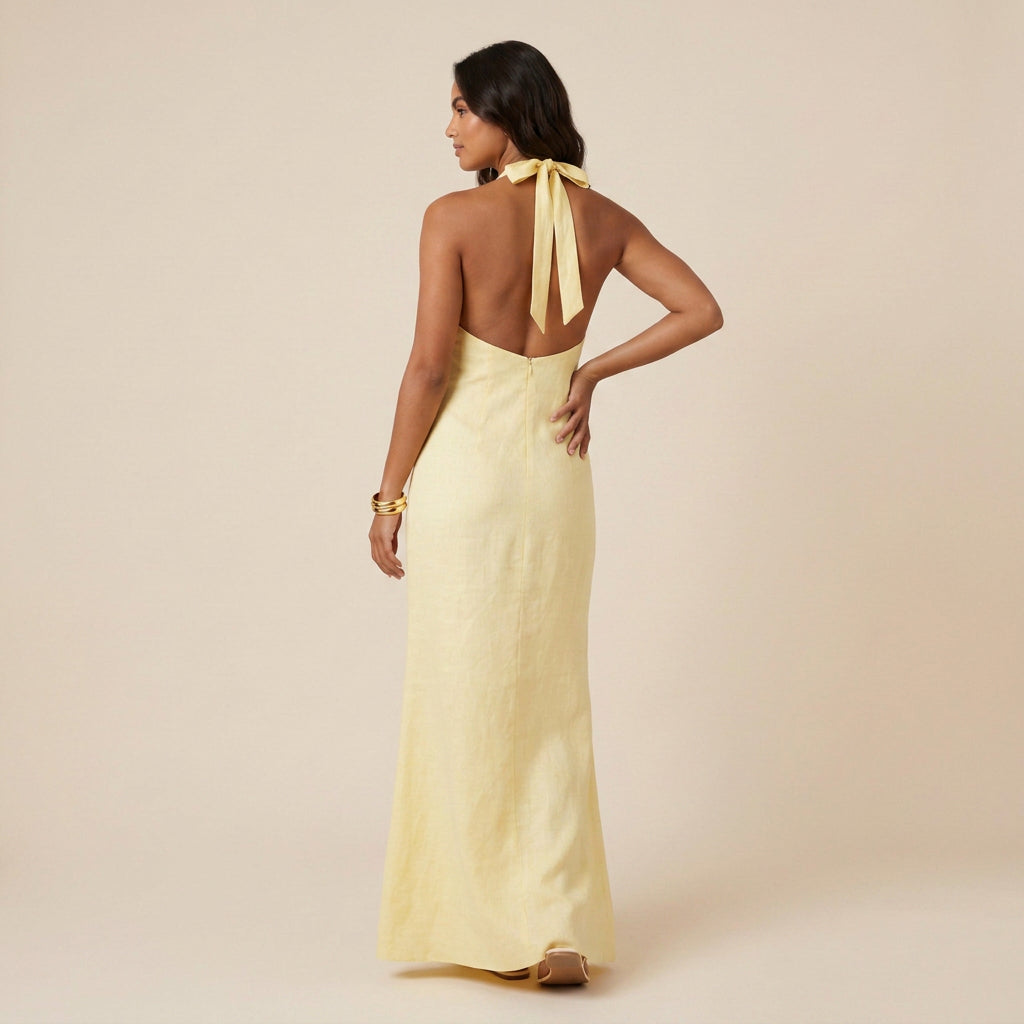 Women's Long Halter Dress with V-Neckline and Open Back