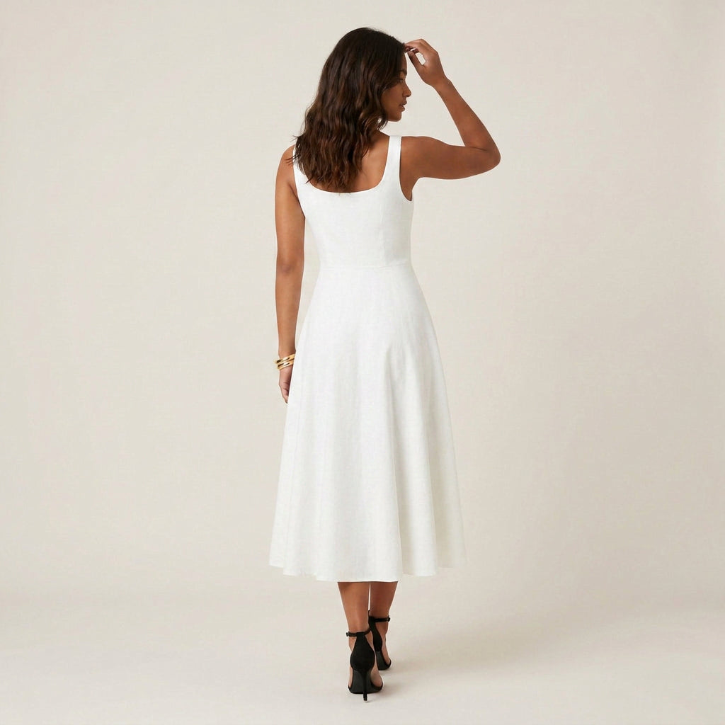 Women's Midi Dress Square Neck Flared Skirt