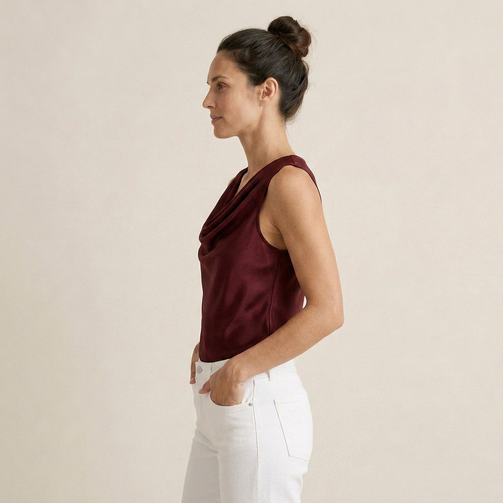 Women's Sleeveless Satin Top with Draped Cowl Neck