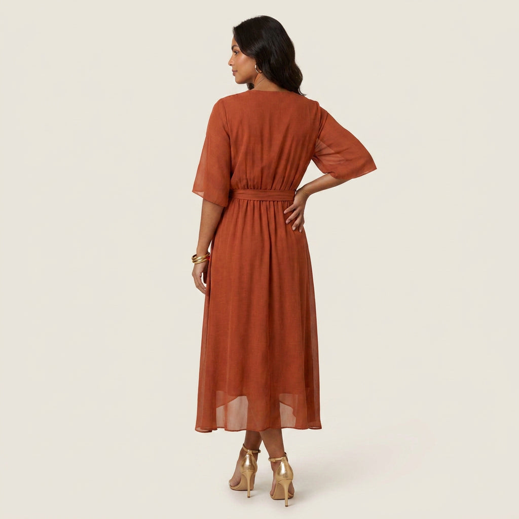 Women's Chiffon Wrap Midi Dress with Flutter Sleeves