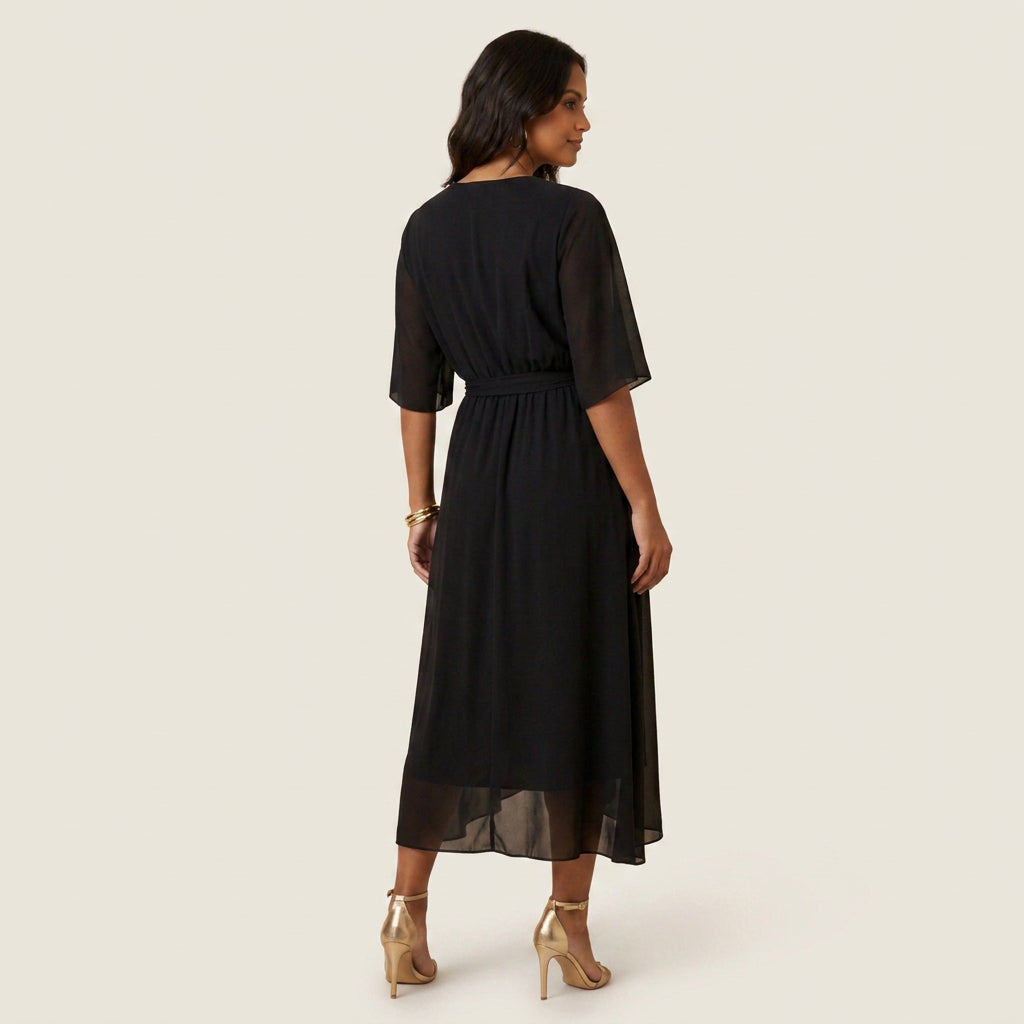 Women's Chiffon Wrap Midi Dress with Flutter Sleeves