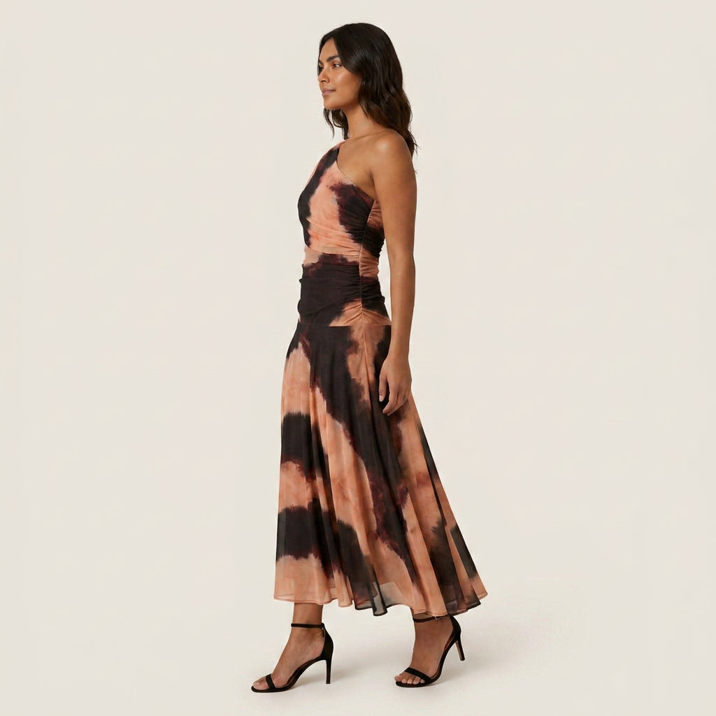 Women's One-Shoulder Midi Dress – Draped Chiffon-Effect Gown